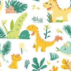 seamless pattern, Playful kawaii dinosaurs with chubby bodies and friendly expressions