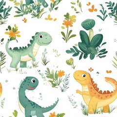 Fototapeta premium seamless pattern, Playful kawaii dinosaurs with chubby bodies and friendly expressions