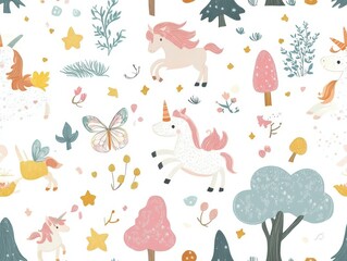 Naklejka premium seamless pattern, Kawaii enchanted forest with magical creatures like fairies