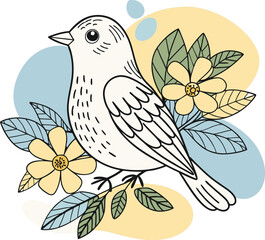 Charming Bird in Bloom Line Art Illustration