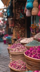 Fototapeta premium Traditional moroccan market stall selling colorful spices and herbs in baskets