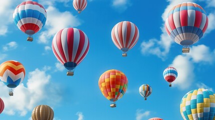 Obraz premium A festival displays numerous colorful hot air balloons filling the sky with bright patterns against a backdrop of fluffy white clouds