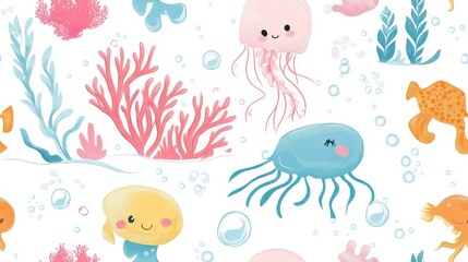 Obraz premium seamless pattern, Kawaii underwater world with smiling jellyfish