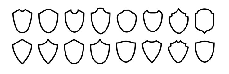 Shield frame set. Collection shield signs. Empty outline icons. Vector