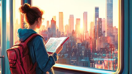 A person wearing a backpack reads a book while standing near a large window overlooking a cityscape illuminated by a vibrant sunset, Ideal for use in education, travel, and inspirational themes,