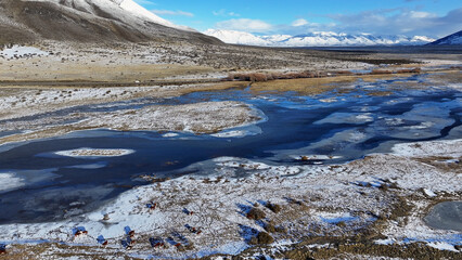 Ruta 11 Road At El Calafate In Santa Cruz Argentina. Snowy Mountains. Snow Capped Landscape. Santa Cruz Argentina. Winter Background. Ruta 11 Road At El Calafate In Santa Cruz Argentina.