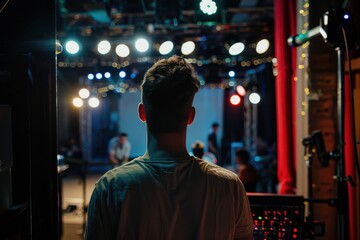 Obraz premium Behind-the-scenes view of a performer backstage, preparing for a show.