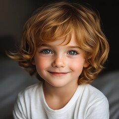 A close-up of a smiling young child with curly red hair and bright blue eyes, wearing a white shirt, This image is perfect for ads, social media, educational materials, family
