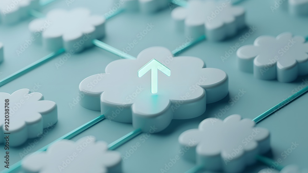 Poster cloud computing concept with arrows and interconnected clouds, representing data storage, network, a