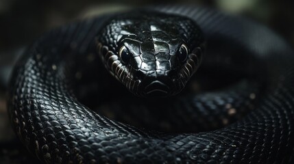 Black snake coiled and staring with scales in focus