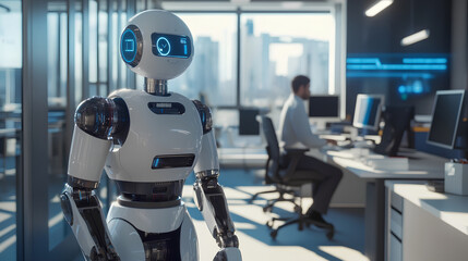 modern robot stands in an office setting with busy employees at their desks.