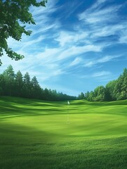 Fototapeta premium Green lawns and serene, manicured golf courses with blue skies