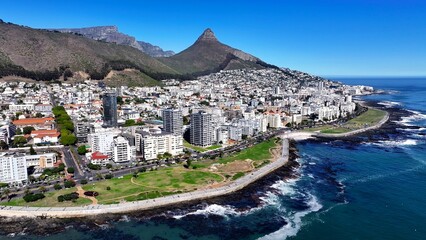 Naklejka premium Green Point At Cape Town In Western Cape South Africa. Town Scenery. Coast Cityscape. Cape Town At Western Cape South Africa. Tourism Travel. Downtown Skyline.