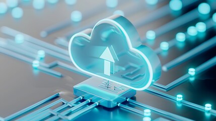 Naklejka premium Cloud computing concept with digital connections and data transfer symbolizing online infrastructure and technology innovation.