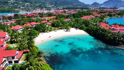 Fototapeta premium Eden Island At Victoria In Mahe Island Seychelles. Indian Ocean Beach. Africa Background. Victoria At Mahe Island. Tourism Landscape. Nature Seascape. Outdoors Travel.