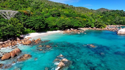 Anse Lazio At Praslin Island In Victoria Seychelles. Indian Ocean Beach. Africa Background. Praslin Island At Victoria. Tourism Landscape. Nature Seascape. Outdoors Travel.