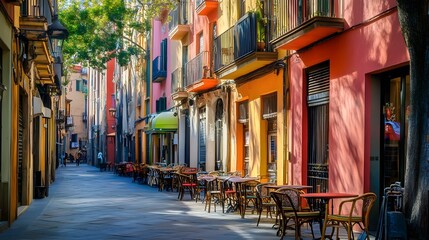 Fototapeta premium 73. **Vibrant street scene with colorful buildings and lively outdoor cafes in Barcelona
