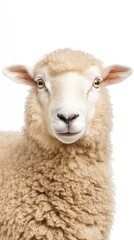 Cute fluffy sheep captured in stunning close-up portrait against a pristine white background showcasing its detailed features