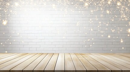 Fototapeta premium A warm interior adorned with a white brick wall and stylish light bulbs suspended above a rustic wooden floor creates an inviting atmosphere