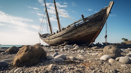 A view of the ruins of a wooden sailing boat in the old harbour. Neural network ai generated art