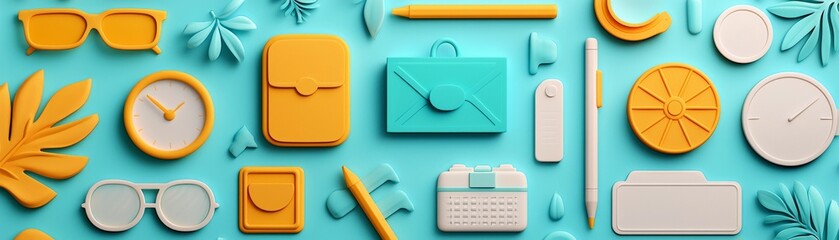 Vibrant arrangement of stylish accessories and stationery in yellow and turquoise colors, ideal for creative projects and designs.