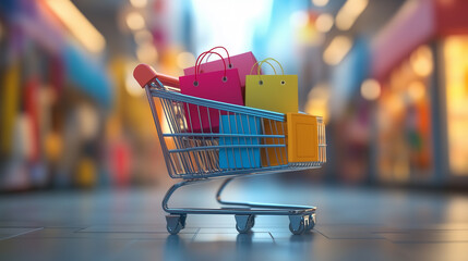 A lone shopping cart rests abandoned on the dimly lit street.