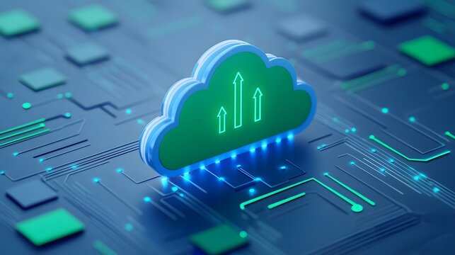 Cloud computing technology concept with a glowing green cloud icon on a circuit board background representing data transfer.