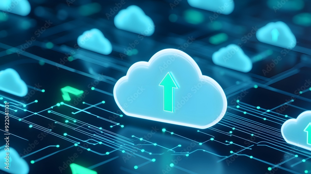 Poster cloud computing technology concept with glowing cloud icons and data connections on a digital backgr