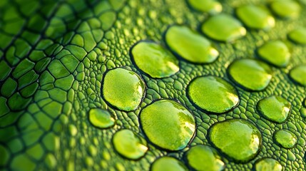 Water droplets forming on bright green exotic leather surface