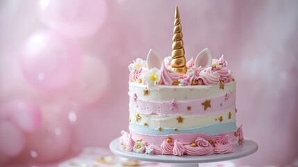 Adorable unicorn birthday cake decorated with pastel colors, a gold horn, perfect for children’s parties and magical celebrations.