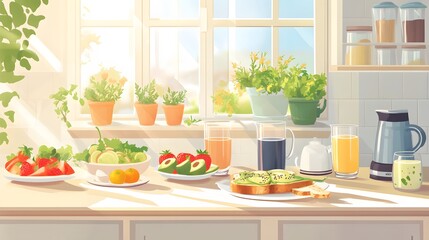 Elegant breakfast table with smoothie bowls and more in sunny kitchen Traditional Breakfasts Illustration