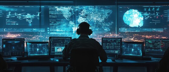 Digital command center with multiscreen displays, officers monitoring realtime drone feeds, military operations, technologydriven command centers