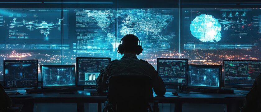 Digital command center with multiscreen displays, officers monitoring realtime drone feeds, military operations, technologydriven command centers