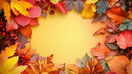 Obraz premium Colorful autumn leaves frame creating copy space on yellow background