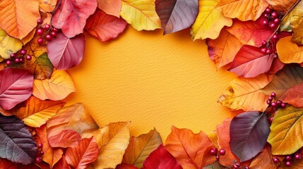 Obraz premium Autumn leaves frame creating copy space on orange background