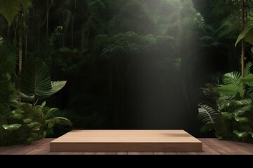 Product presentation with a wooden podium forest nature plant.