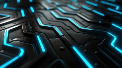 Fototapeta premium Black technology chip surface with blue neon lines abstract background. Generative AI