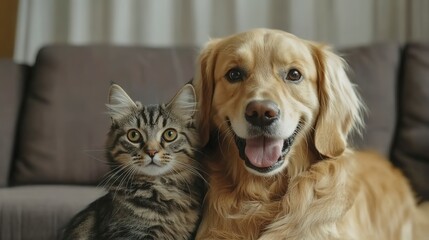Portrait of Happy dog and cat that looking at the camera together by the living room background, friendship between dog and cat, amazing friendliness of the pets
