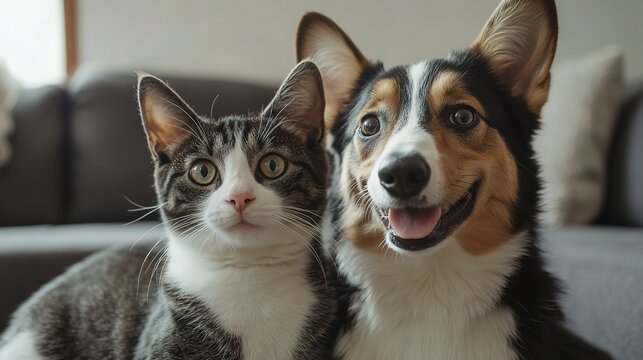Portrait of Happy dog and cat that looking at the camera together by the living room background, friendship between dog and cat, amazing friendliness of the pets.