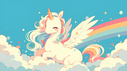 cute unicorn colorful with blue sky background