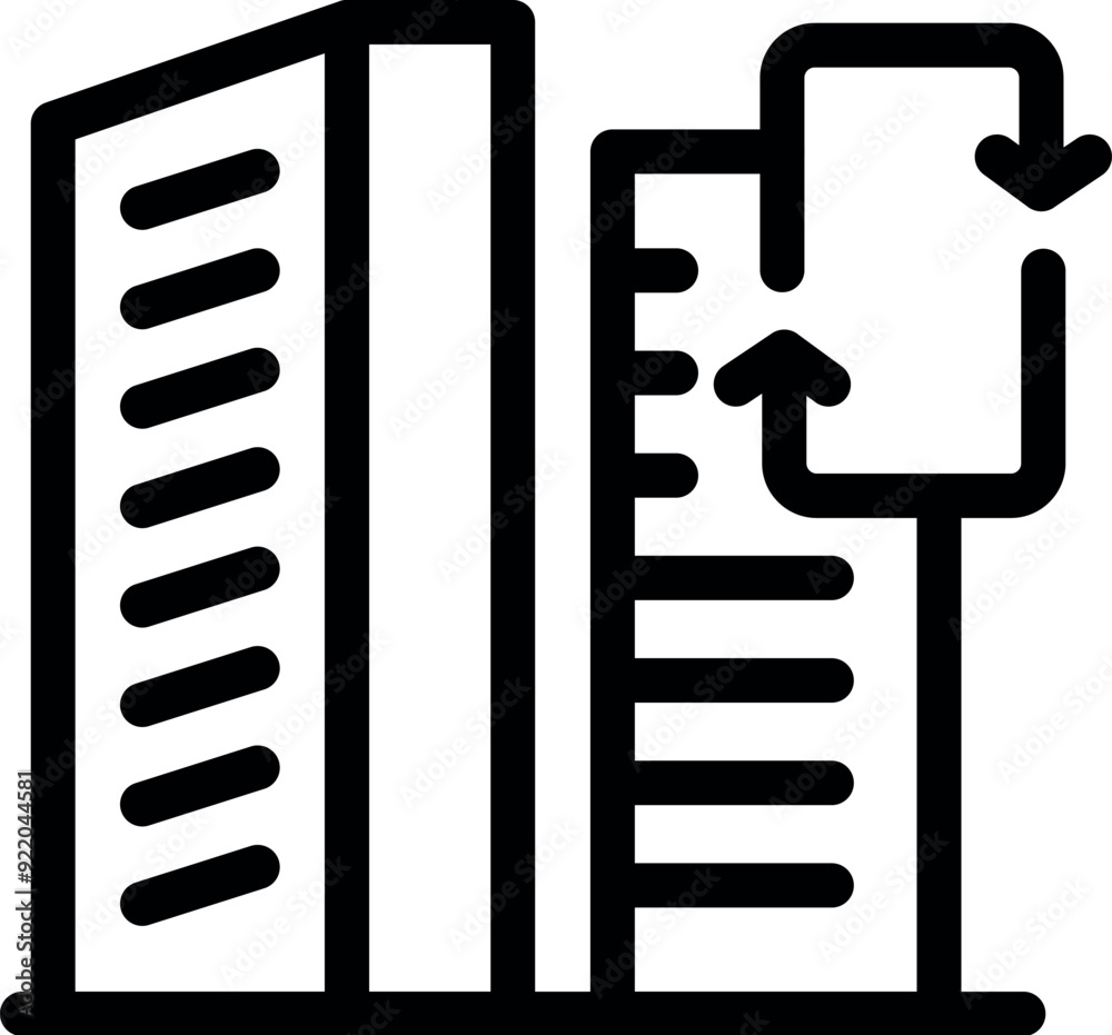 Poster line icon of a building and a level tool, representing an architect measuring the height of a buildi