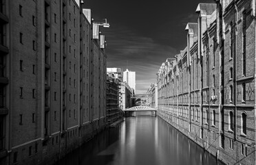 The city harbor streets in black and white  monochrome style near Hamburg, Germany 