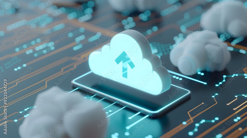 Poster digital cloud computing and data storage concept with a glowing upload icon and abstract cloud symbo
