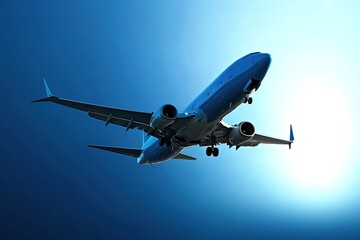 Obraz premium Airplane in flight against a clear blue sky, capturing the essence of modern air travel and aviation technology.
