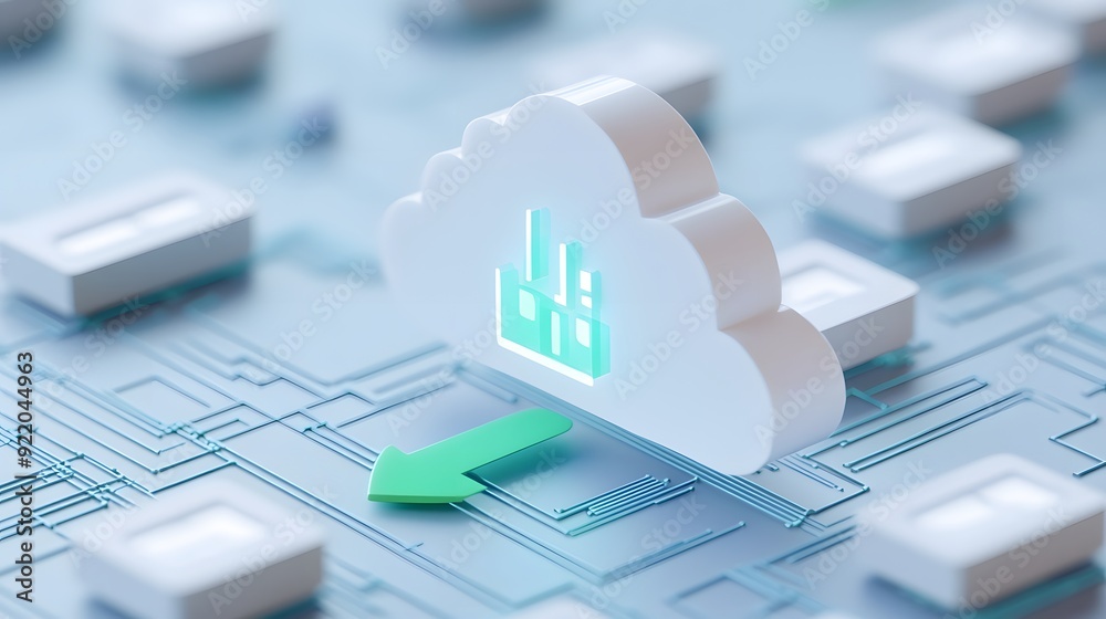 Poster digital cloud computing concept with a cloud icon, circuit lines, and a green arrow for data storage