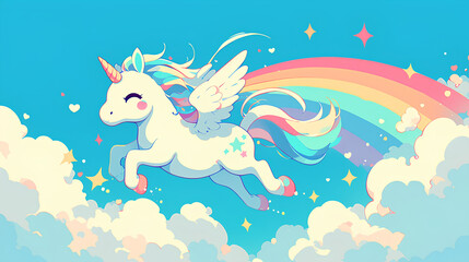 cute unicorn colorful with blue sky background