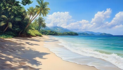 Tranquil beach scene with palm trees and mountains under a clear blue sky