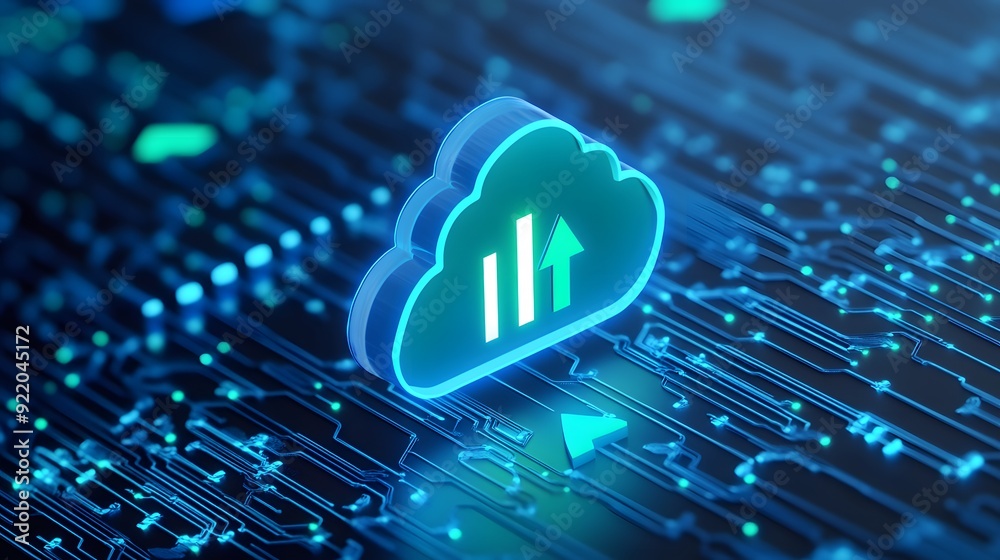 Poster digital cloud computing concept with data growth icon on circuit board, representing online storage 
