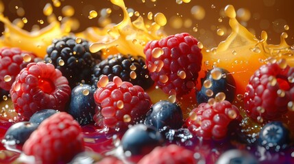 Fresh berries splashing in vibrant juice on a wooden surface during summer