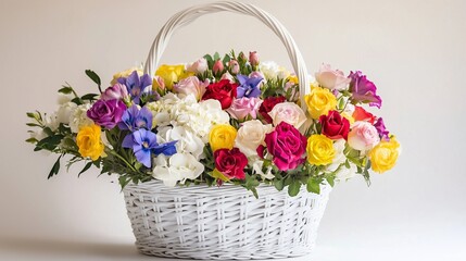 Majestic White Basket Overflowing with Vibrant, Multi-Colored Flowers